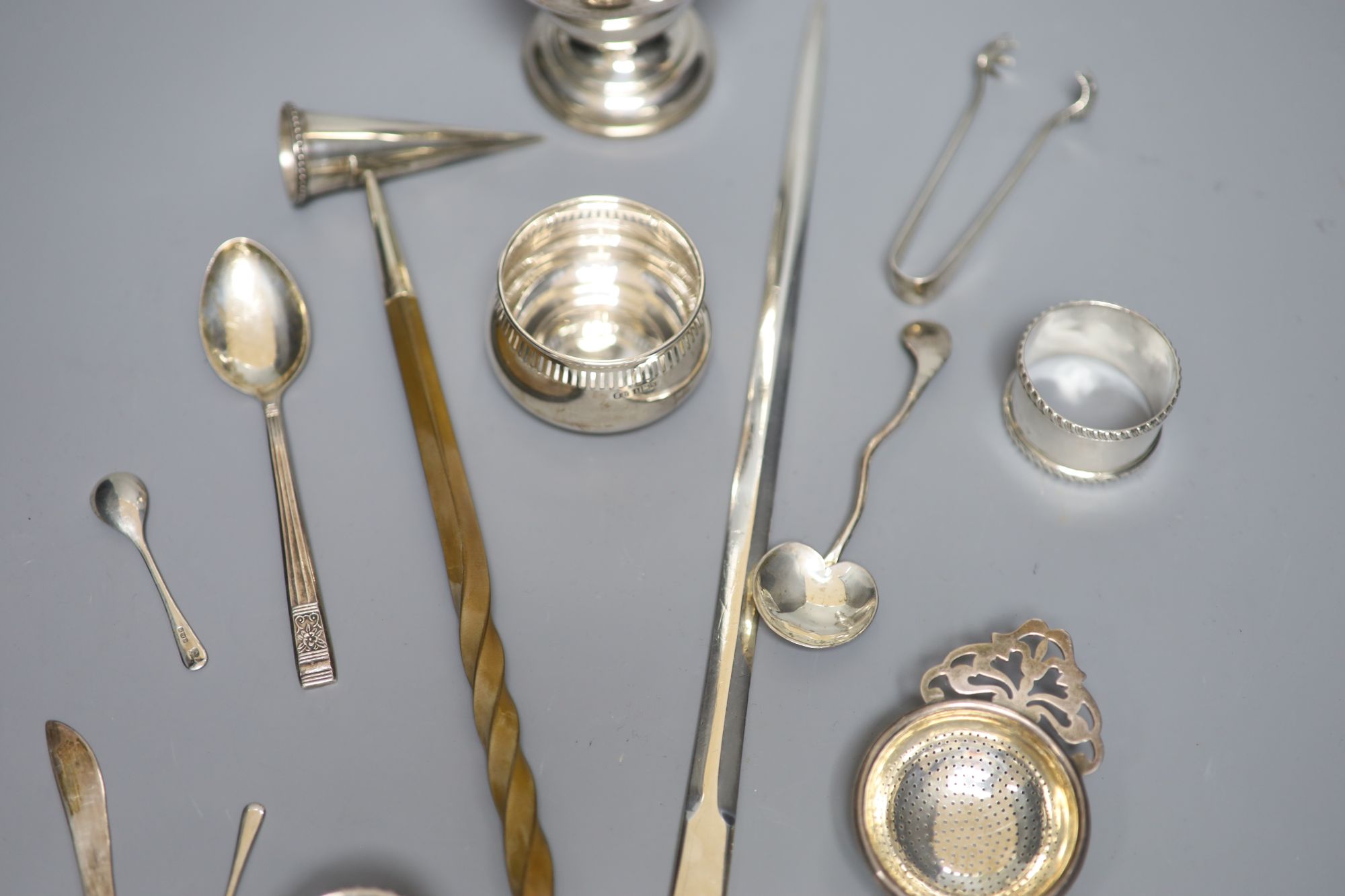 A George III silver meat skewer, Mary & Elizabeth Sumner, London, 1809, a George V silver sugar caster, 21.4cm & other small silver.